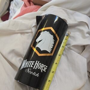 Vintage UK White Horse Scotch Bar Pitcher Coctail Mixer Black Gold 2 Sided 7"